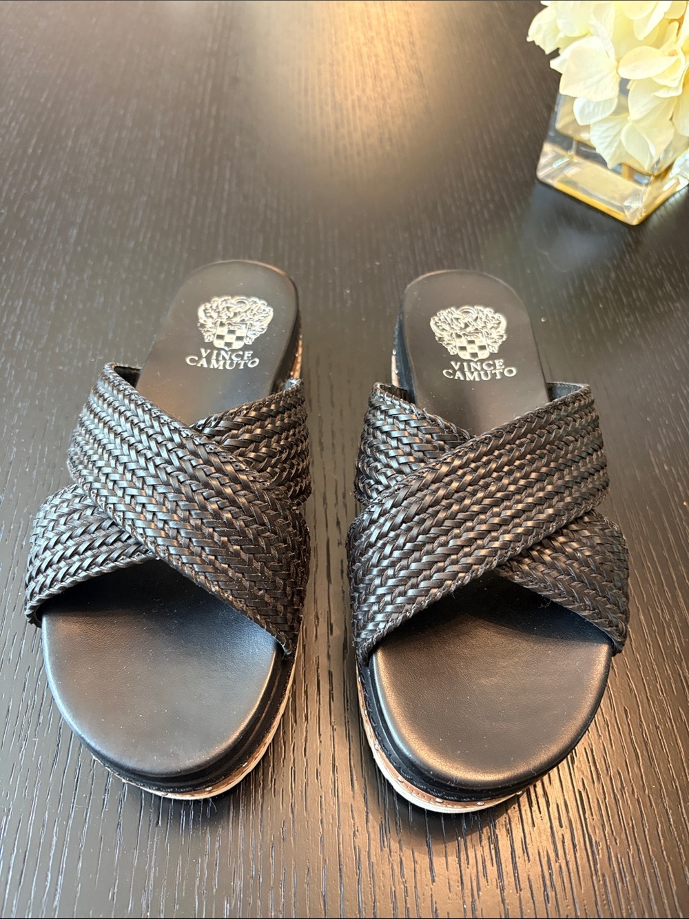 Vince Camuto Black Woven Crisscross Slide Sandals